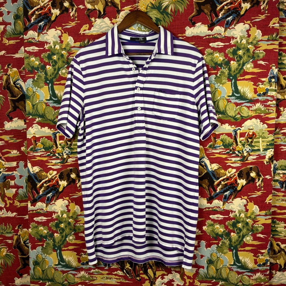 RLX Ralph Lauren Polo Shirt Mens Purple Excellent Striped Willow Fork Golf